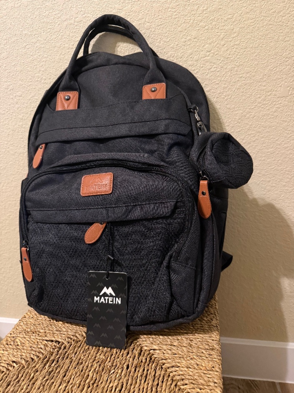 NWT Matein black backpack with brown accents (usb charger inside)